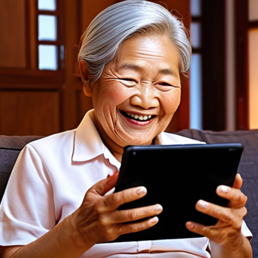 **

Prompt: *Happy Thai senior using a video call app on a tablet, smiling, connecting with family. Cozy living room background, warm lighting. AgeTech for social connection.*

**