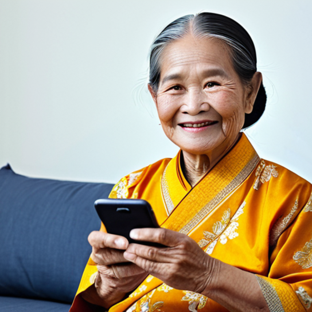 에이지테크 서비스의 사례 연구 - **Subject:** An elderly Thai woman, smiling warmly, wearing a traditional Thai blouse (เสื้อคอกระเช้...