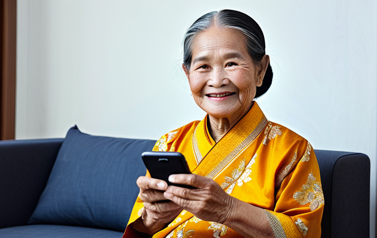 에이지테크 서비스의 사례 연구 - **Subject:** An elderly Thai woman, smiling warmly, wearing a traditional Thai blouse (เสื้อคอกระเช้...