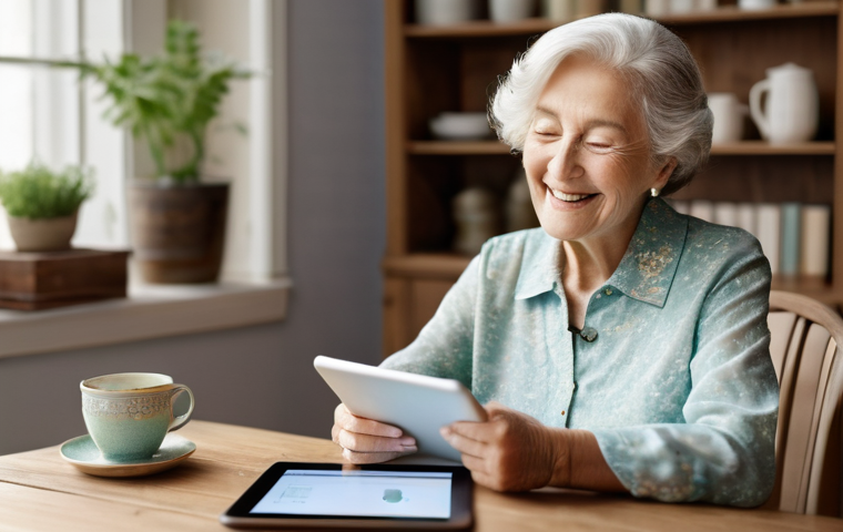 에이지테크 서비스의 운영 효율성 증대 방안 - **Prompt 1: User-Friendly Age-Tech Interaction**
"A cheerful elderly woman, with soft, gentle wr...