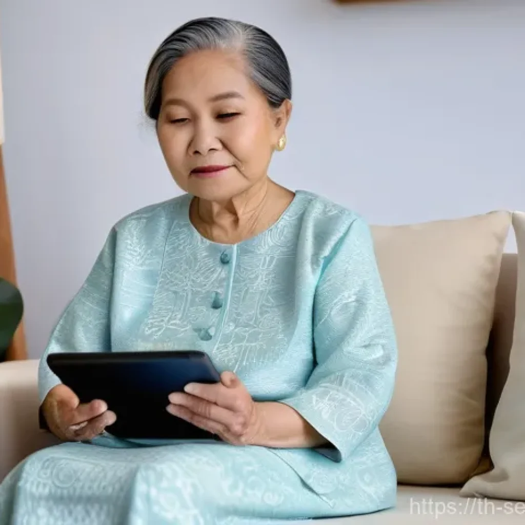 에이지테크 서비스의 성과 분석 - **Prompt:** A heartwarming scene of a Thai grandmother, in her early 70s, sitting comfortably on a m...