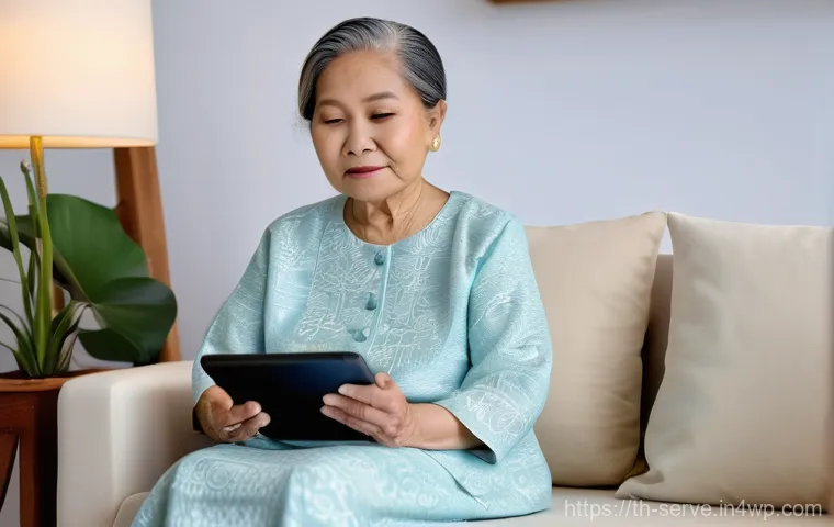 에이지테크 서비스의 성과 분석 - **Prompt:** A heartwarming scene of a Thai grandmother, in her early 70s, sitting comfortably on a m...