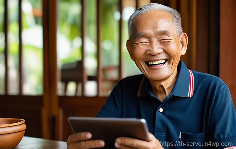 에이지테크 서비스의 성과 분석 - **Prompt:** A heartwarming scene of a Thai grandmother, in her early 70s, sitting comfortably on a m...