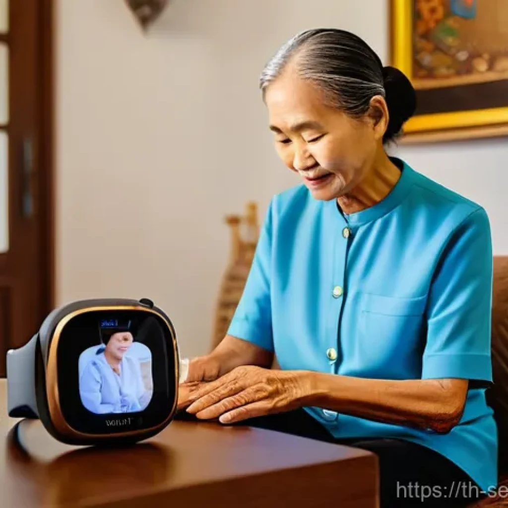 에이지테크 서비스의 경쟁력 분석 - A serene and comforting scene inside a modern Thai home. An elderly Thai woman, gracefully dressed i...