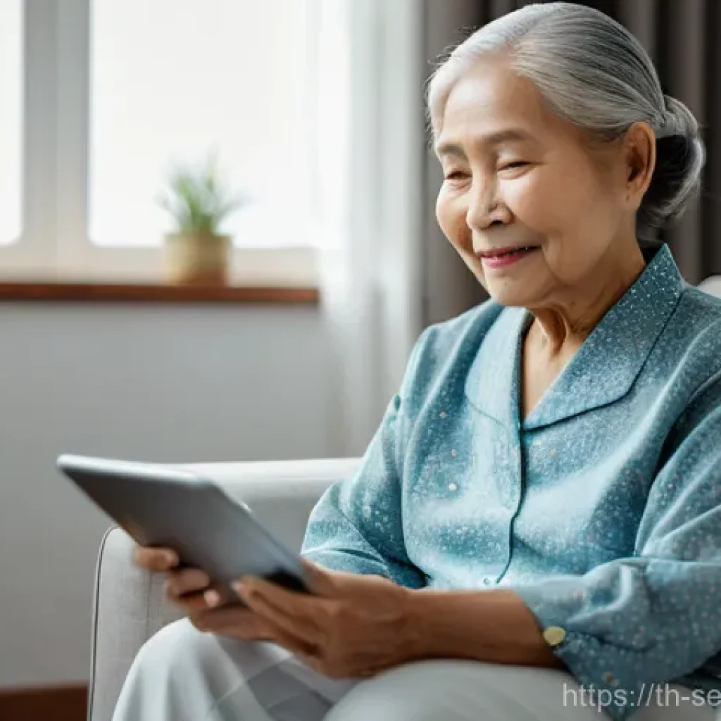 에이지테크 서비스의 고객 경험 분석 - **Prompt for Age-tech Health Monitoring:**
A serene, close-up portrait of an elderly Thai woman ...