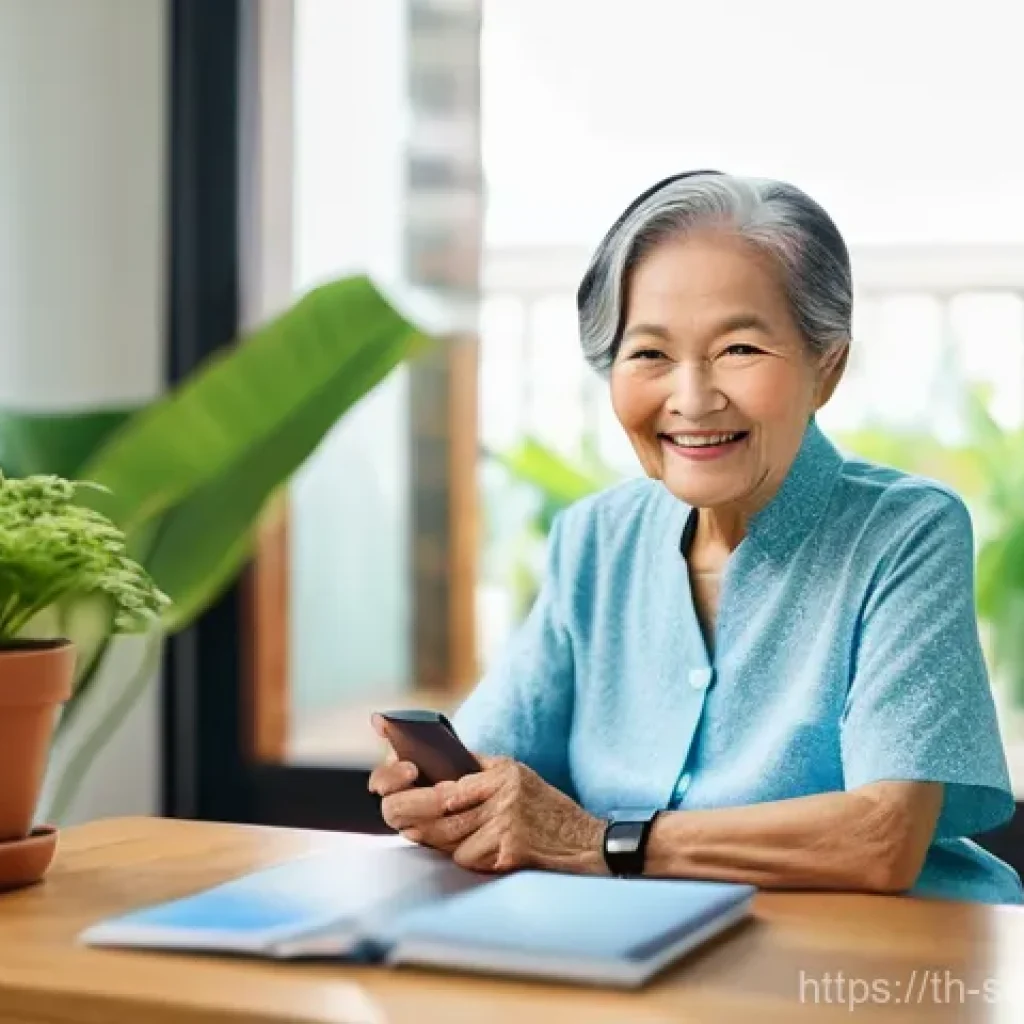 에이지테크 서비스의 새로운 기회 - **Prompt:** A cheerful, active elderly Thai woman, approximately 75 years old, with a warm smile, is...