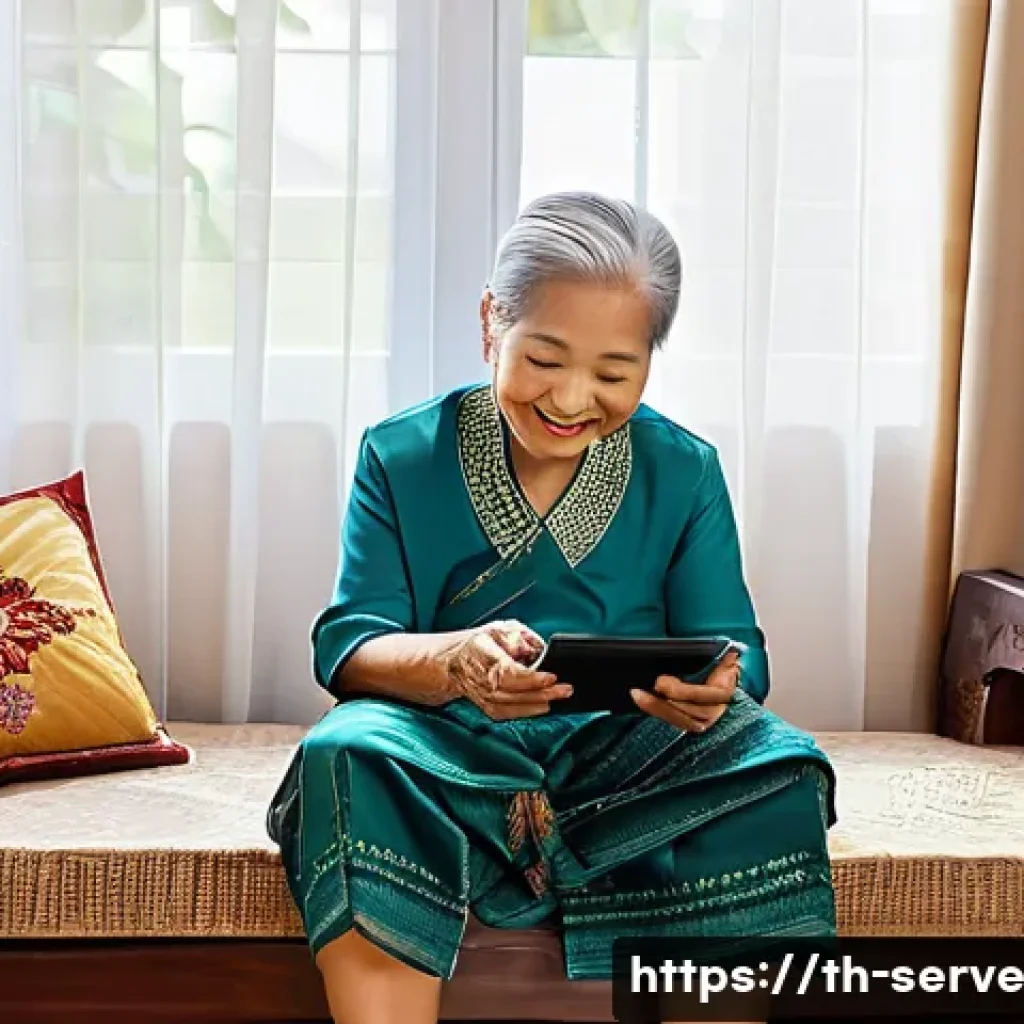 에이지테크 서비스의 장애물과 해결책 - **Prompt:** A heartwarming scene featuring a contented elderly Thai woman, approximately 70-75 years...