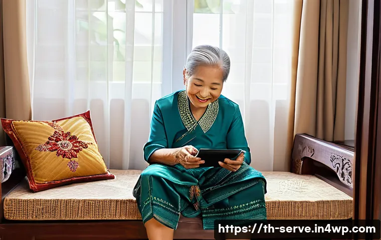 에이지테크 서비스의 장애물과 해결책 - **Prompt:** A heartwarming scene featuring a contented elderly Thai woman, approximately 70-75 years...