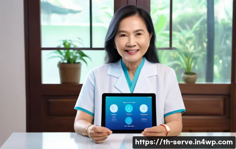 에이지테크 서비스의 협업 플랫폼 - A warm and modern digital caregiving platform interface displayed on a sleek tablet screen held by a...