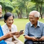 Home 17 에이지테크 서비스의 글로벌 확장 가능성 - A warm, inviting scene showing a diverse group of elderly Thai people engaging in community activiti...