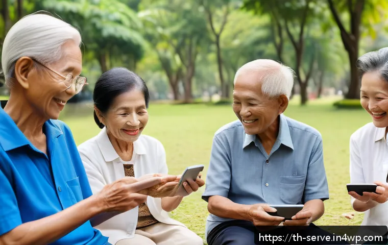 에이지테크 서비스의 글로벌 확장 가능성 - A warm, inviting scene showing a diverse group of elderly Thai people engaging in community activiti...