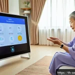 Home 16 에이지테크 서비스의 테스트 및 평가 방법 - An elderly Thai woman wearing a modest traditional outfit with comfortable slippers, sitting in a co...