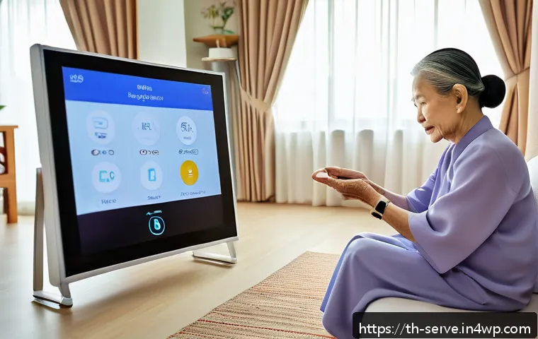 에이지테크 서비스의 테스트 및 평가 방법 - An elderly Thai woman wearing a modest traditional outfit with comfortable slippers, sitting in a co...