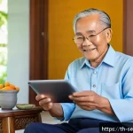 Home 20 에이지테크 서비스의 지속 가능성 - A warm and inviting scene inside a modern Thai home featuring an elderly Thai man using a simple, us...