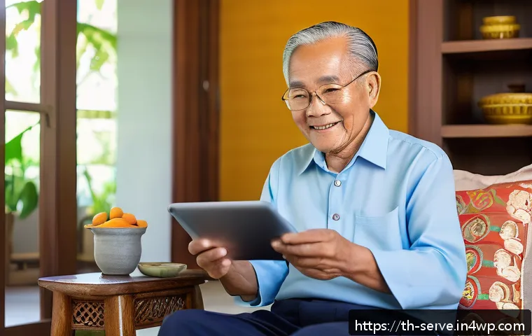 에이지테크 서비스의 지속 가능성 - A warm and inviting scene inside a modern Thai home featuring an elderly Thai man using a simple, us...